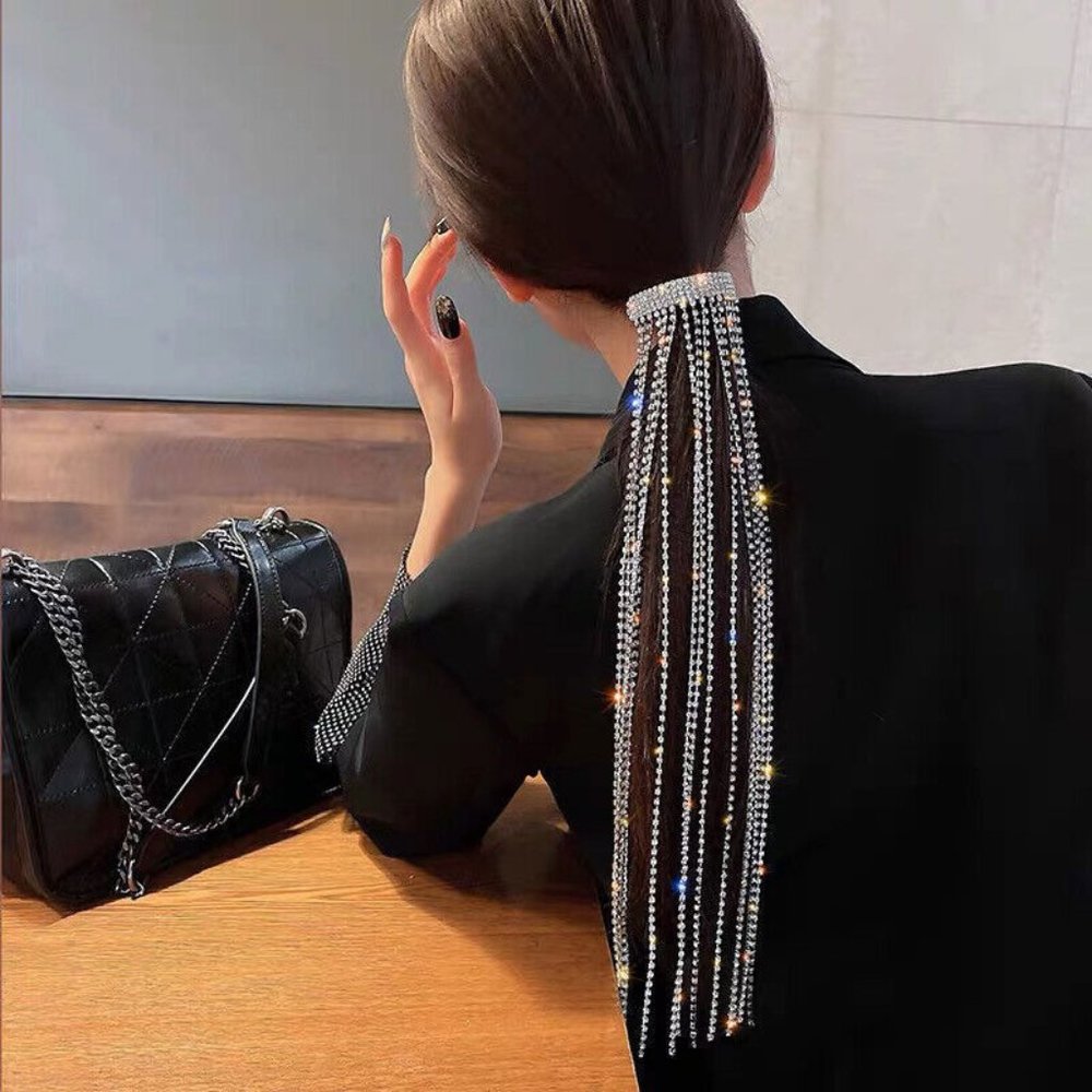 NEW Women's Long Crystal Rhinestone Tassel Hairpiece Clip